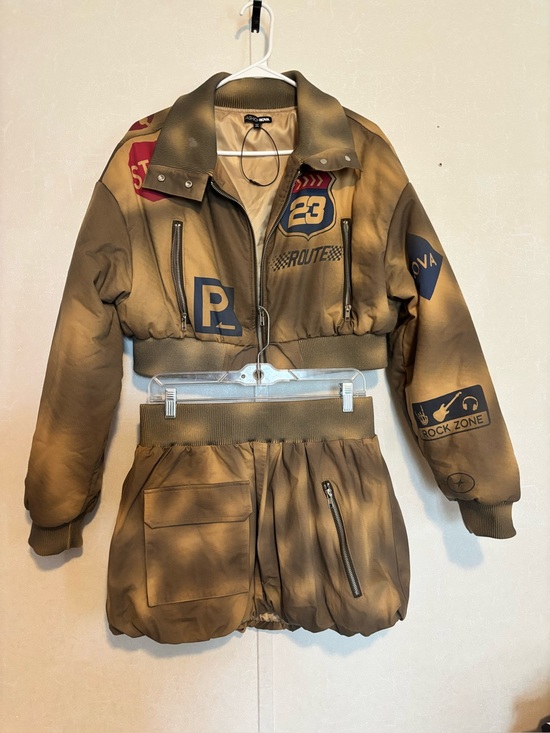 Fashion Nova Jackets & Blazers - Fashion Nova | Brown Graphic Puffer Jacket and Skirt Set | Size Large